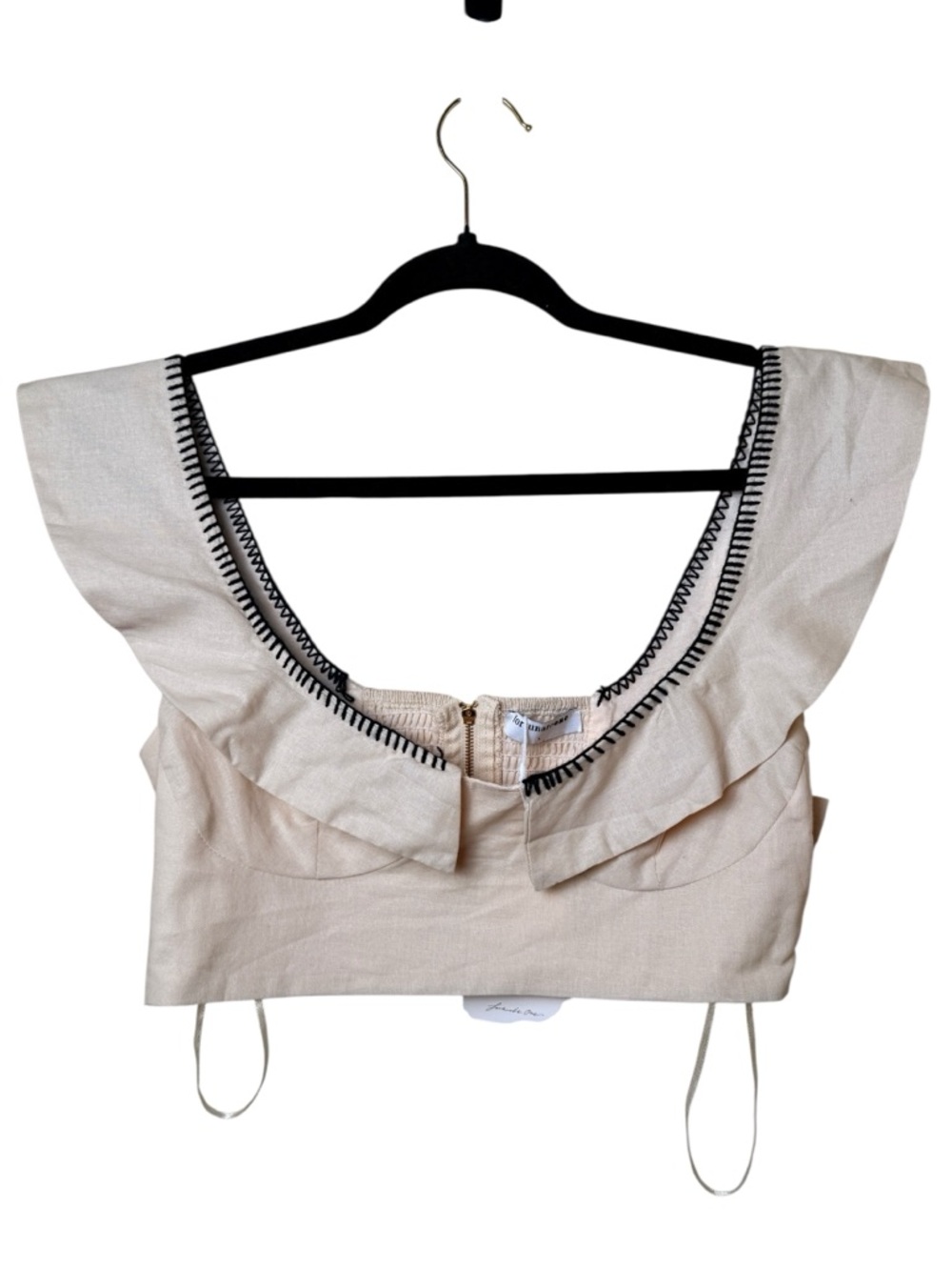 NWT Fortunate One Large Ruffled Off-Shoulder Crop Top - Light Beige Black Trim